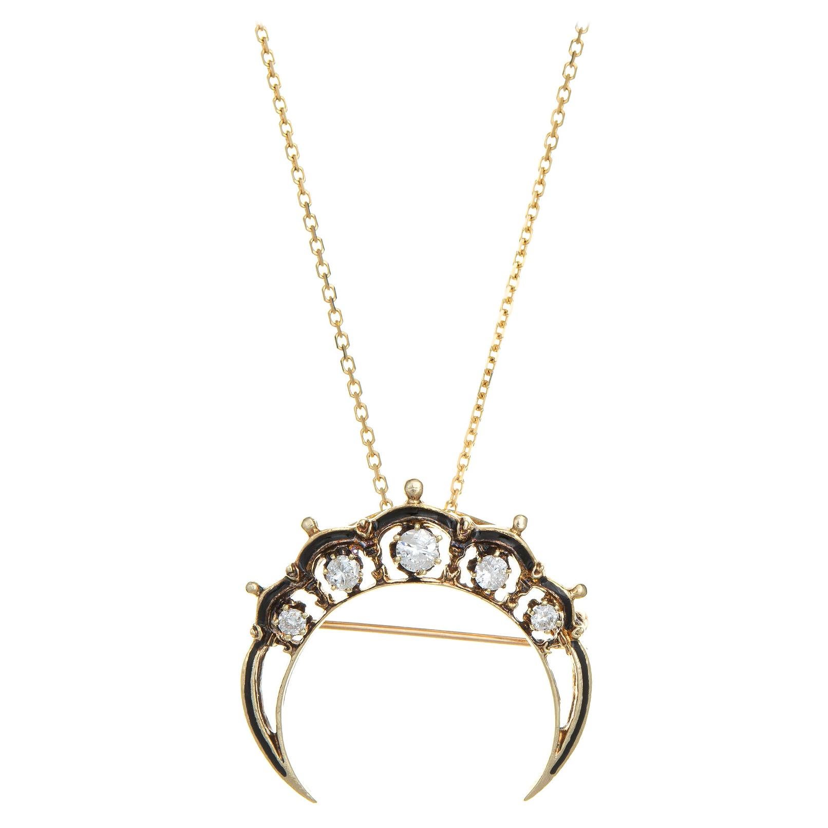 Crescent Moon Diamond Pendant Vintage 14k Yellow Gold Necklace Celestial Jewelry
