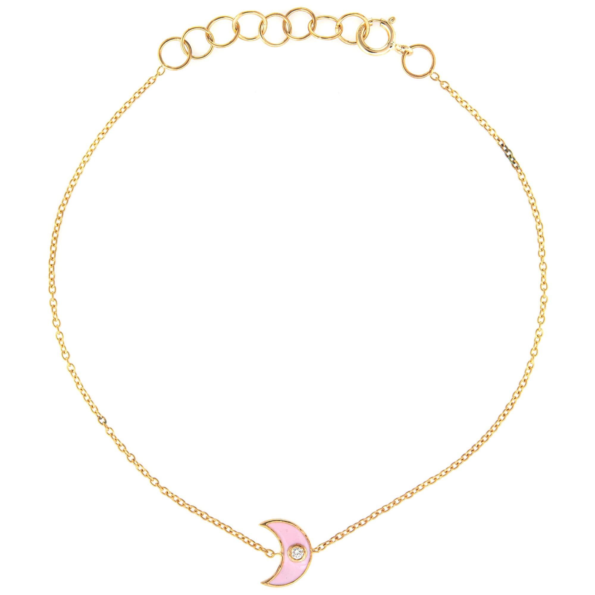 Crescent Moon Enamel Bracelet Diamond Whisper Pink 14 Karat Gold Adjustable For Sale