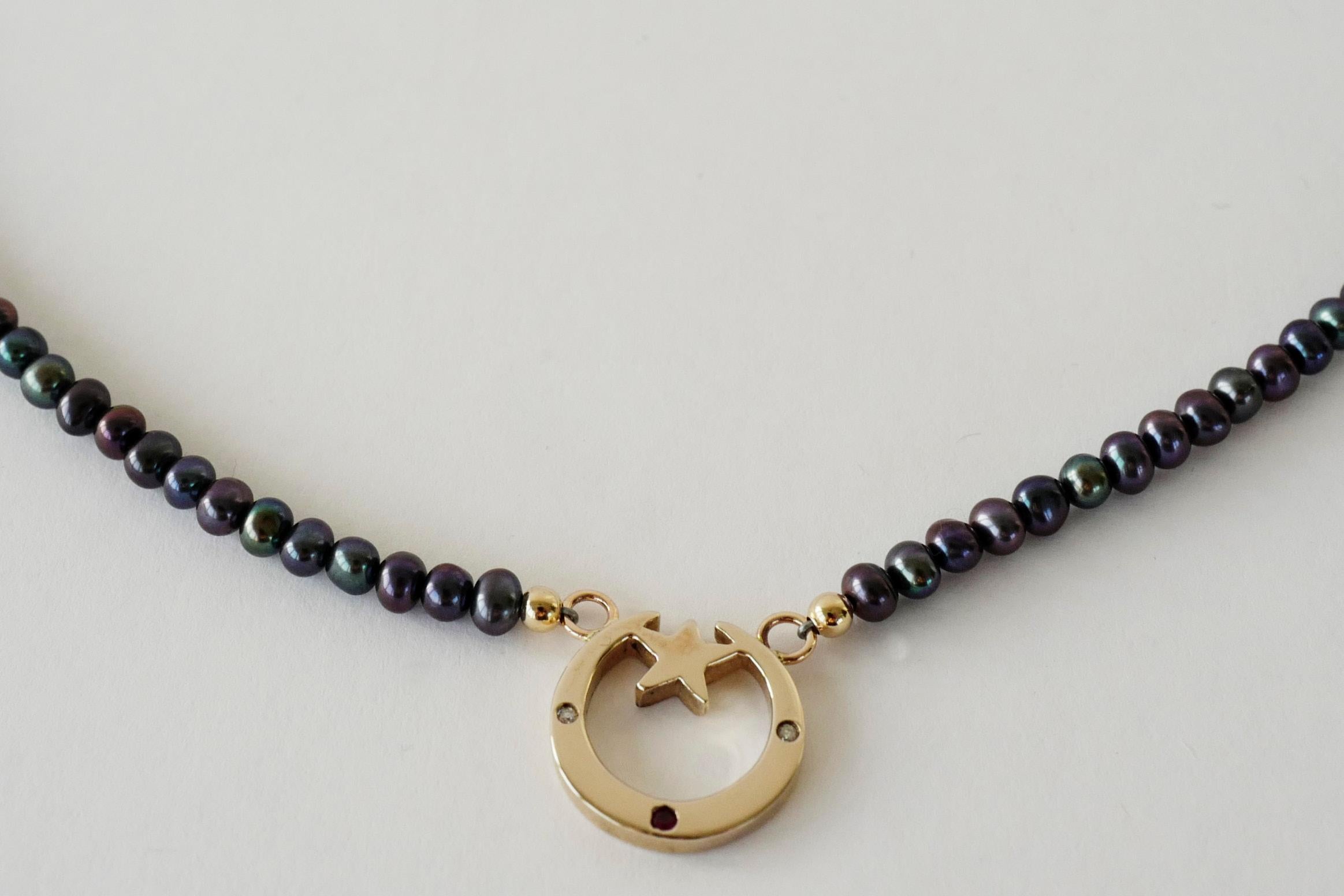 Romantic Crescent Moon Gold Necklace Black Pearl White Diamond Ruby Dauphin For Sale