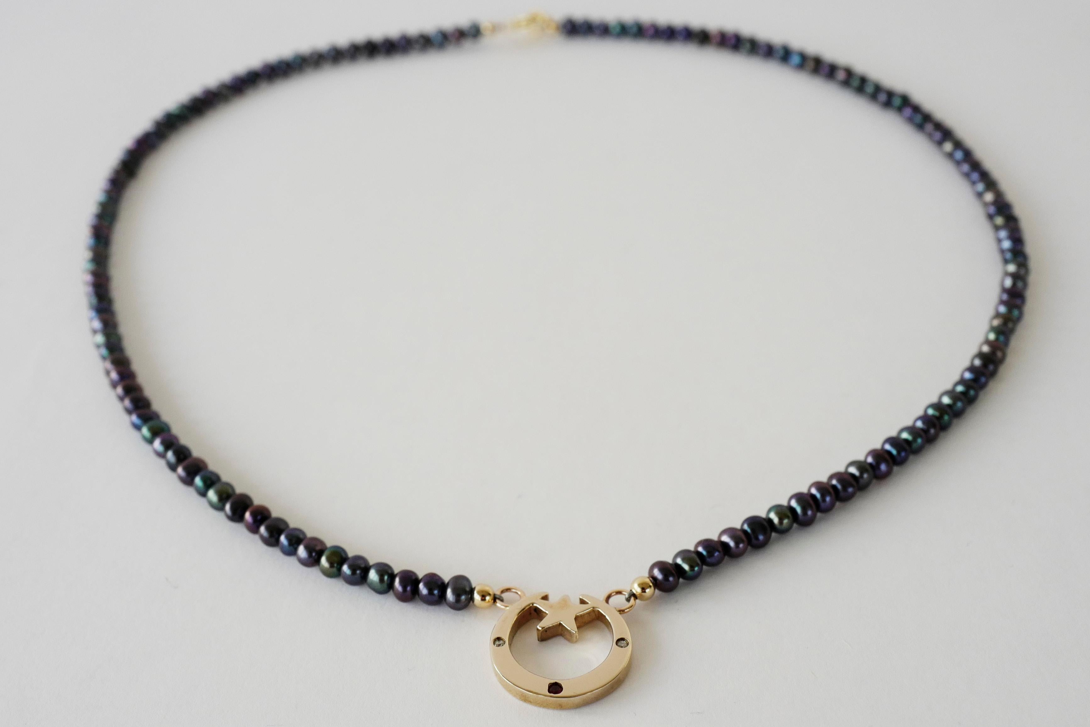 Crescent Moon Gold Necklace Black Pearl White Diamond Ruby Dauphin In New Condition For Sale In Los Angeles, CA