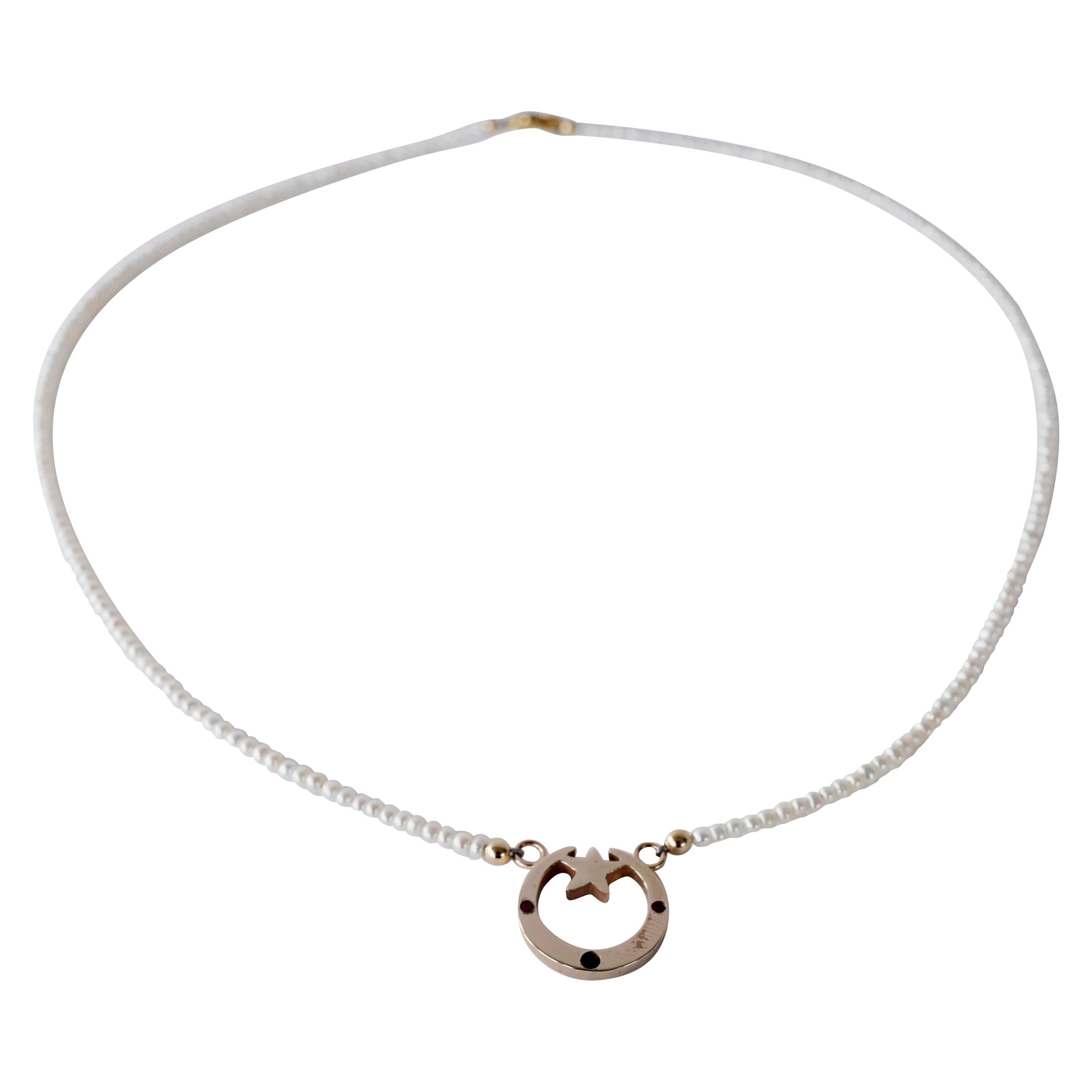 Crescent Moon Gold Necklace White Pearl White Diamond Choker J Dauphin  For Sale