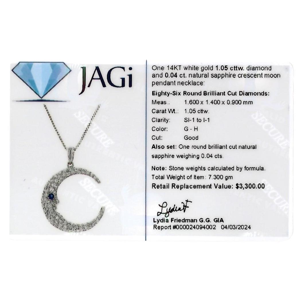 Crescent Moon Pavé Diamond and Sapphire Pendant Necklace in 14 Karat White Gold For Sale 4