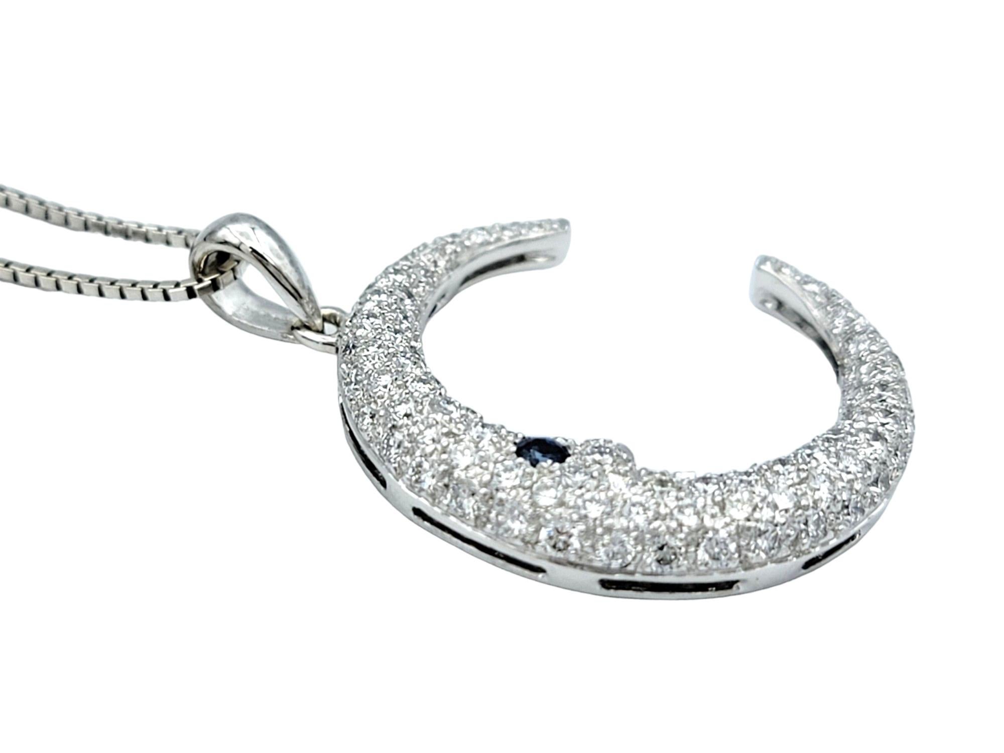 Contemporary Crescent Moon Pavé Diamond and Sapphire Pendant Necklace in 14 Karat White Gold For Sale