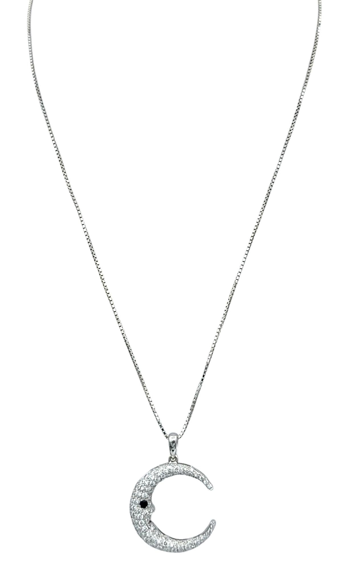 Round Cut Crescent Moon Pavé Diamond and Sapphire Pendant Necklace in 14 Karat White Gold For Sale