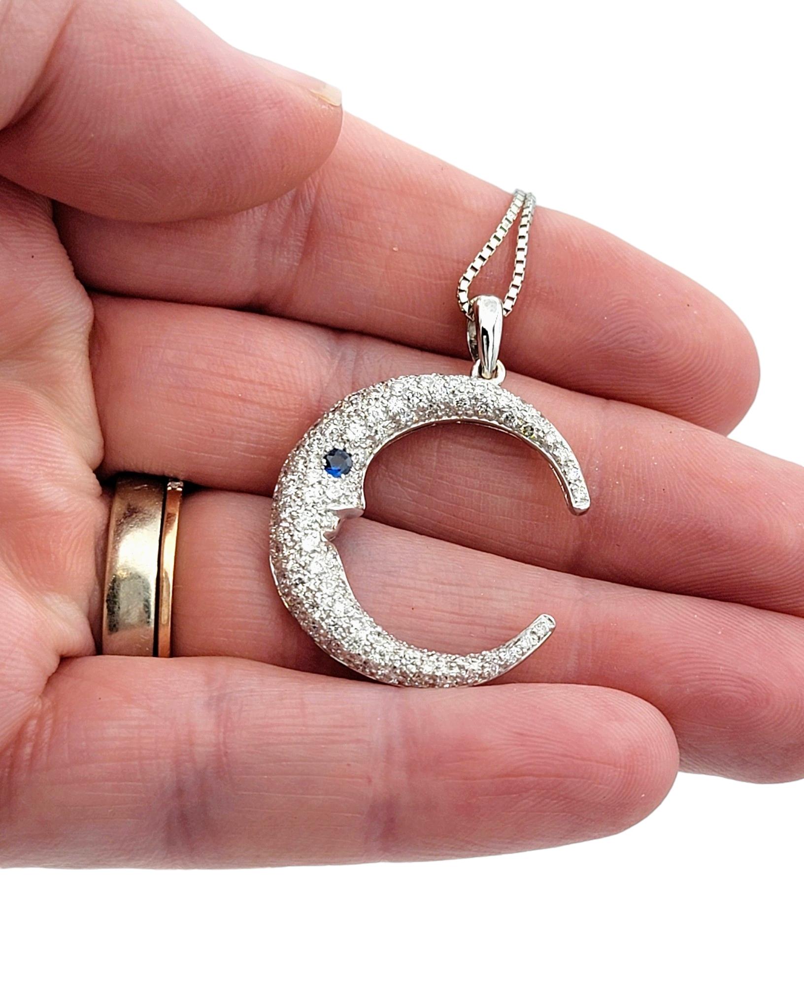 Crescent Moon Pavé Diamond and Sapphire Pendant Necklace in 14 Karat White Gold For Sale 2
