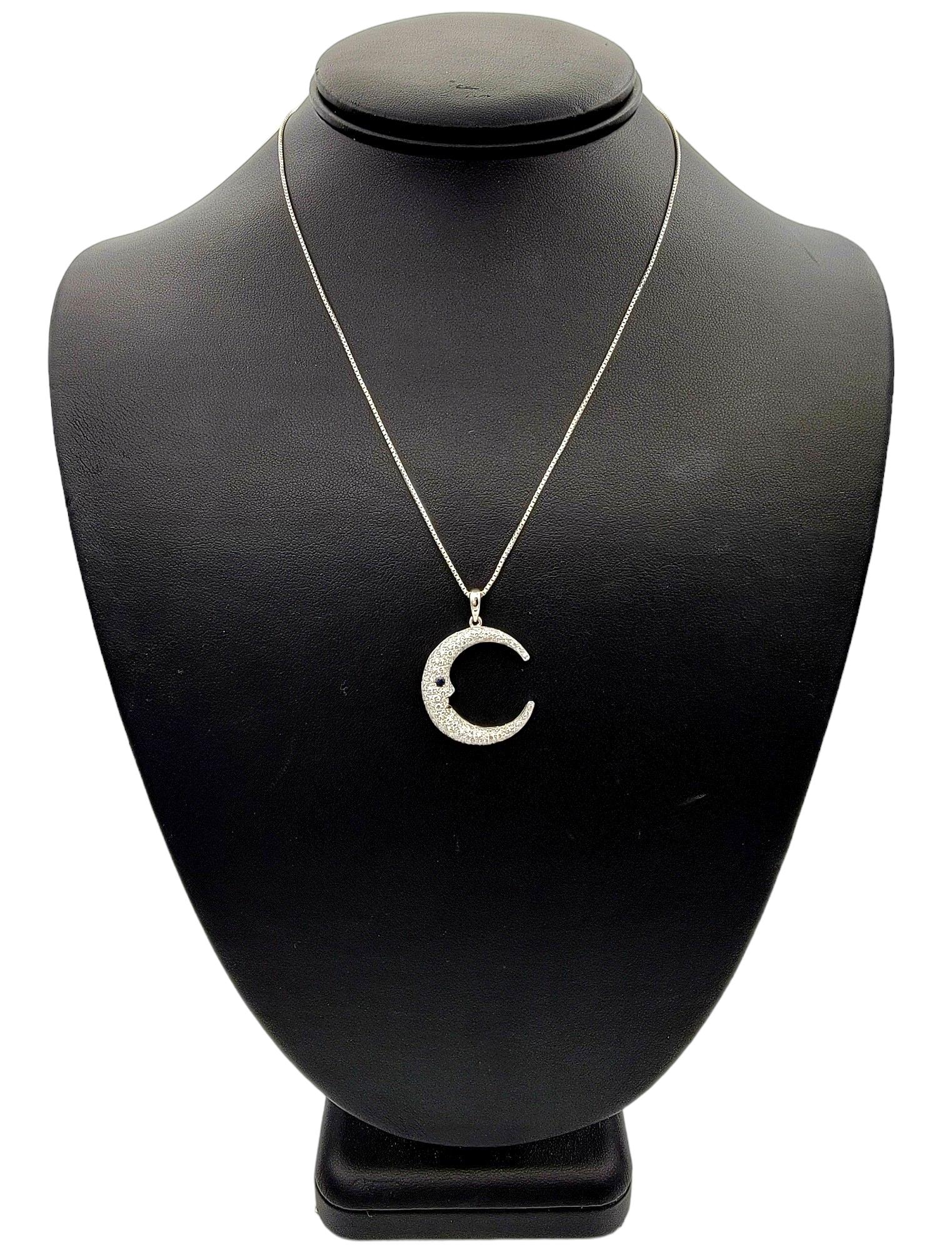 Crescent Moon Pavé Diamond and Sapphire Pendant Necklace in 14 Karat White Gold For Sale 3