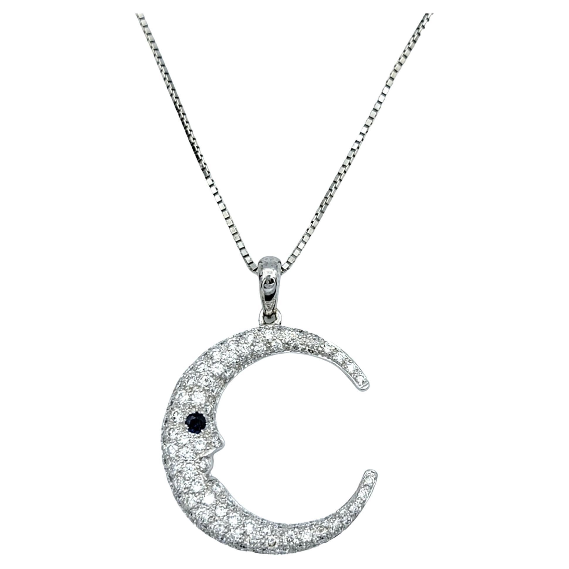 Crescent Moon Pavé Diamond and Sapphire Pendant Necklace in 14 Karat White Gold For Sale