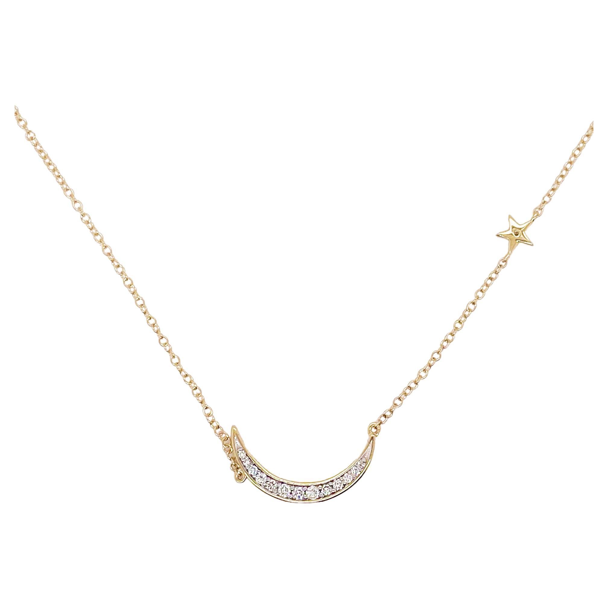 Moon Pendant Necklace, Crescent Moon & Star, 14 Diamonds, Yellow Gold
