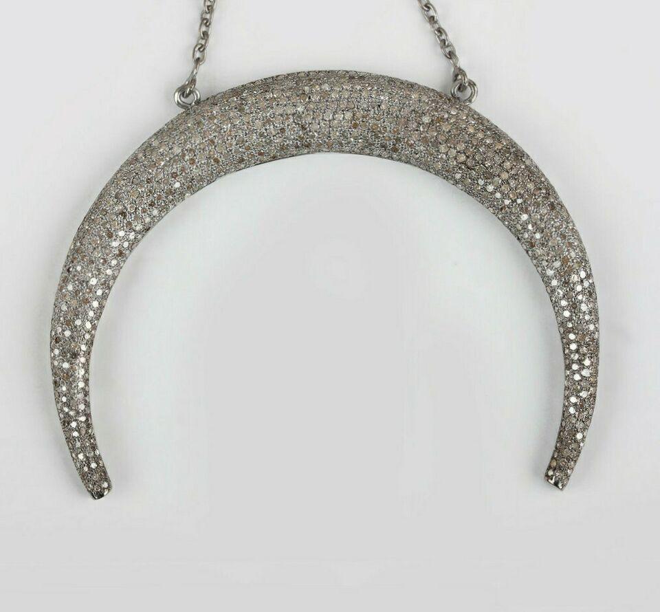 Round Cut Crescent Moon Pendant Pave Diamond in 925 Silver For Sale