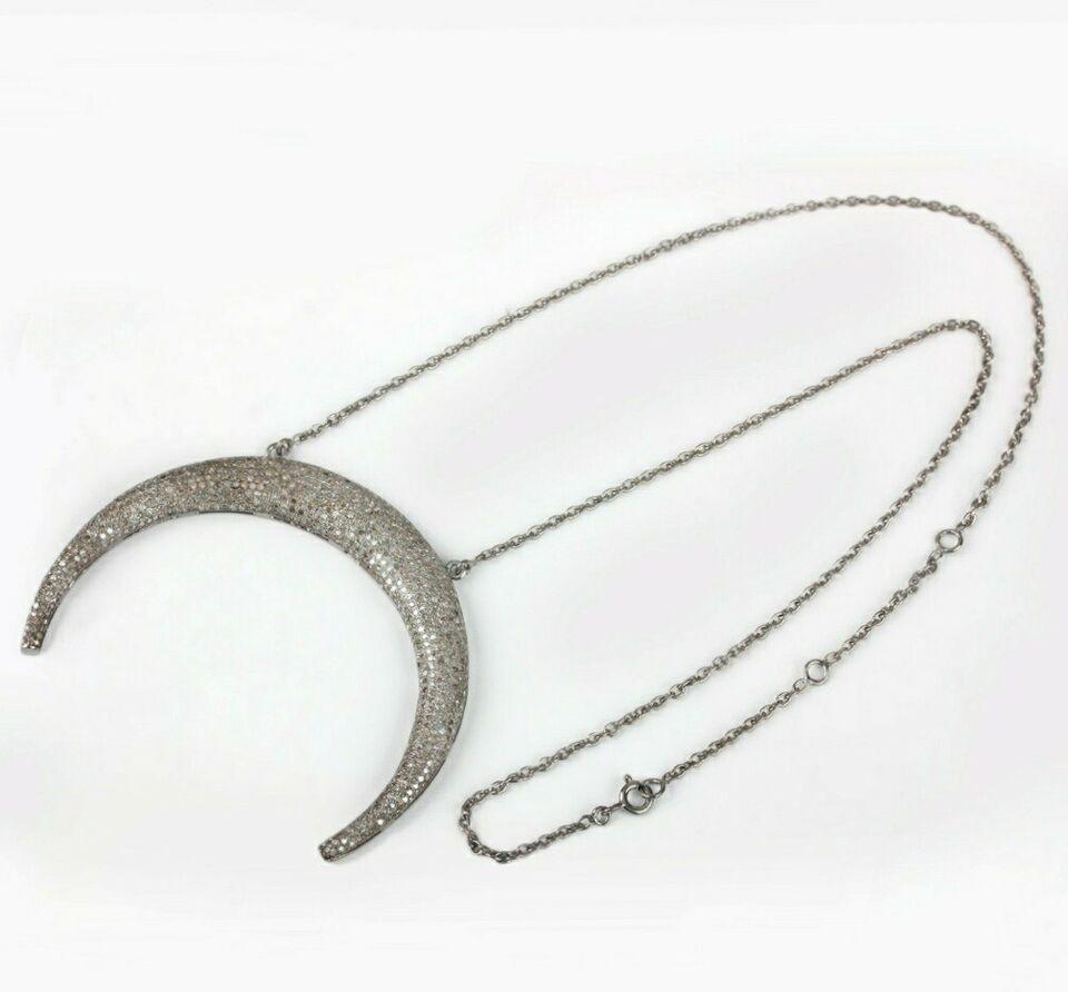 Crescent Moon Pendant Pave Diamond in 925 Silver In New Condition For Sale In Chicago, IL