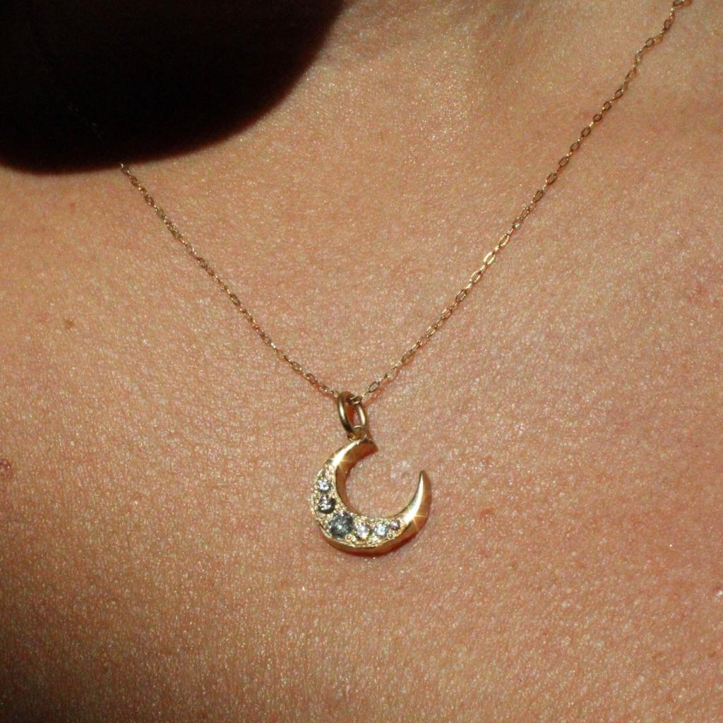 Brilliant Cut Crescent Moon Pendant with Salt and Pepper Diamonds in 14 Karat Gold For Sale