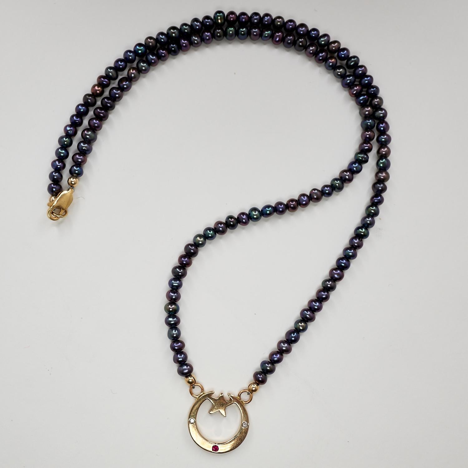 Crescent Moon Star Black Pearl Bead Necklace Gold White Diamond Ruby J Dauphin In New Condition For Sale In Los Angeles, CA