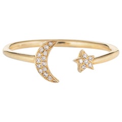 Crescent Moon Star Diamond Ring Estate 14 Karat Yellow Gold Celestial Jewelry