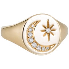 Crescent Moon Star Diamond Signet Ring Estate 14 Karat Yellow Gold Jewelry