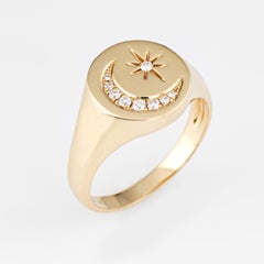 Crescent Moon Star Diamond Signet Ring Estate 14 Karat Yellow Gold Jewelry