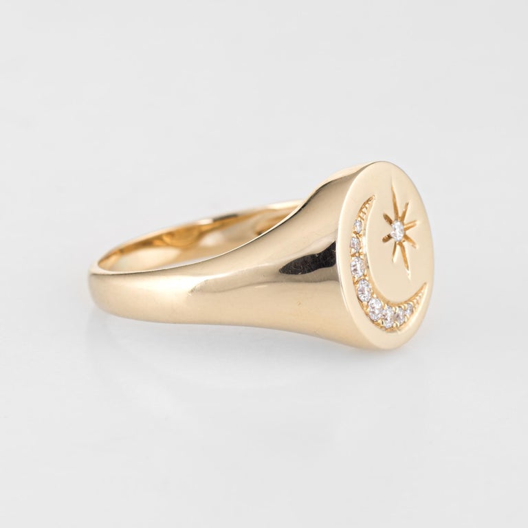 Crescent Moon Star Diamond Signet Ring Estate 14 Karat Yellow Gold  Jewellery at 1stDibs