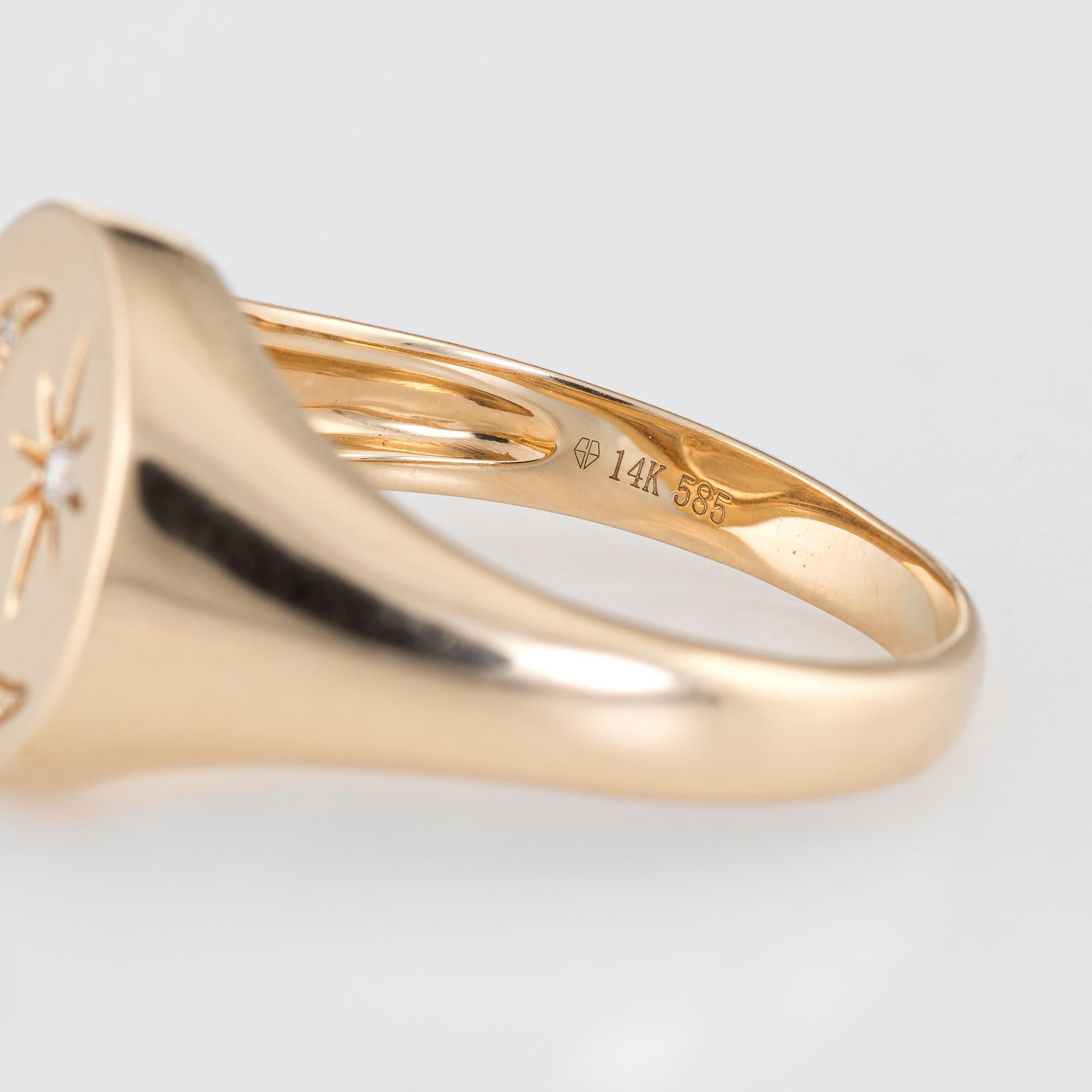 Crescent Moon Star Diamond Signet Ring Estate 14 Karat Yellow Gold Jewelry In Excellent Condition In Torrance, CA