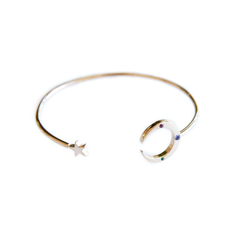 Crescent Moon Star Emerald Ruby Tanzanite Bracelet Arm Cuff Bronze J Dauphin For Sale at 1stDibs