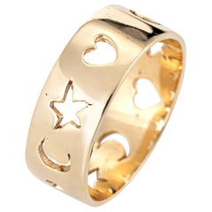 Croissant de lune étoile coeur d'amour Bague Vintage en or jaune 14 carats avec découpes