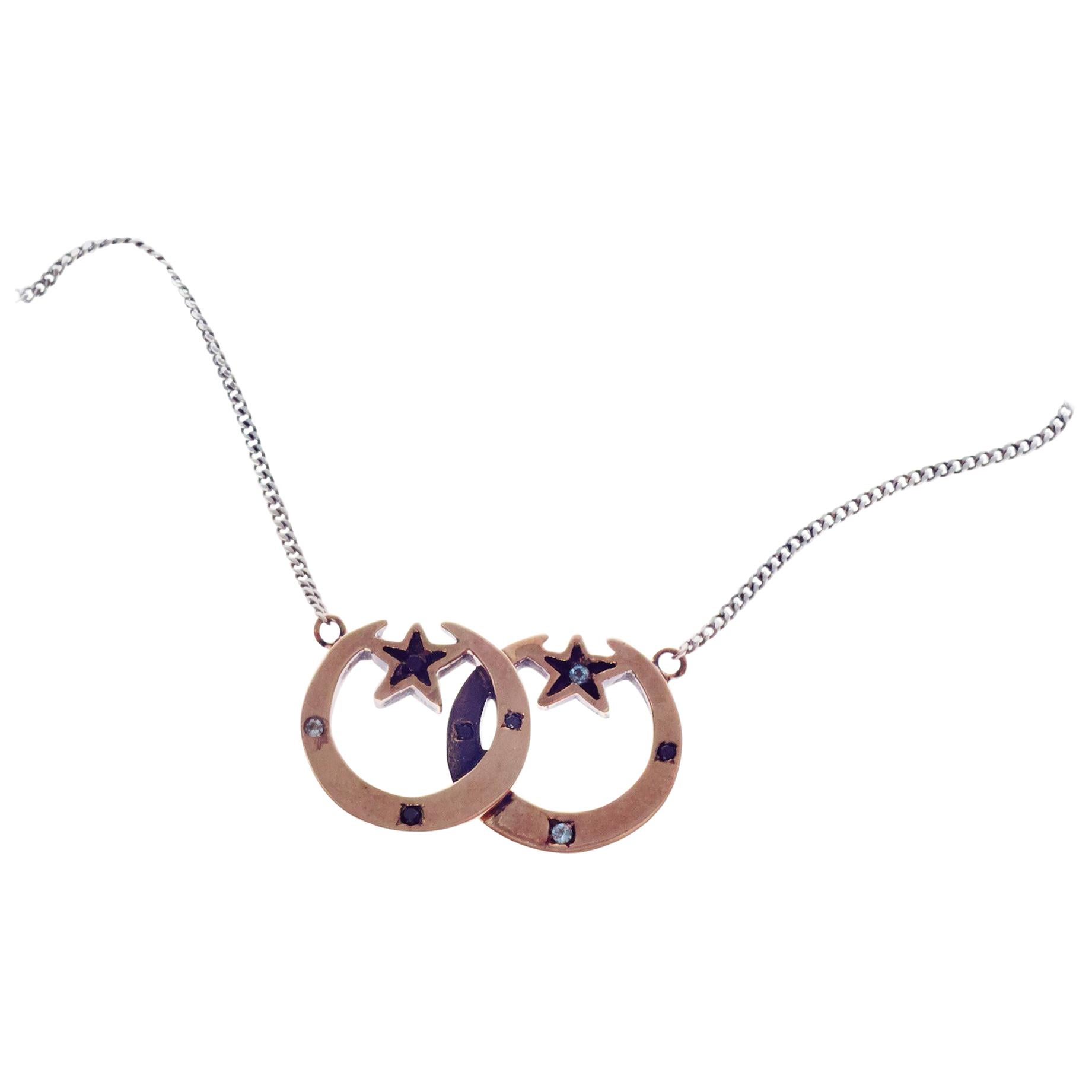 Contemporary Crescent Moon Star Necklace Black Diamond Aquamarine Silver Chain For Sale