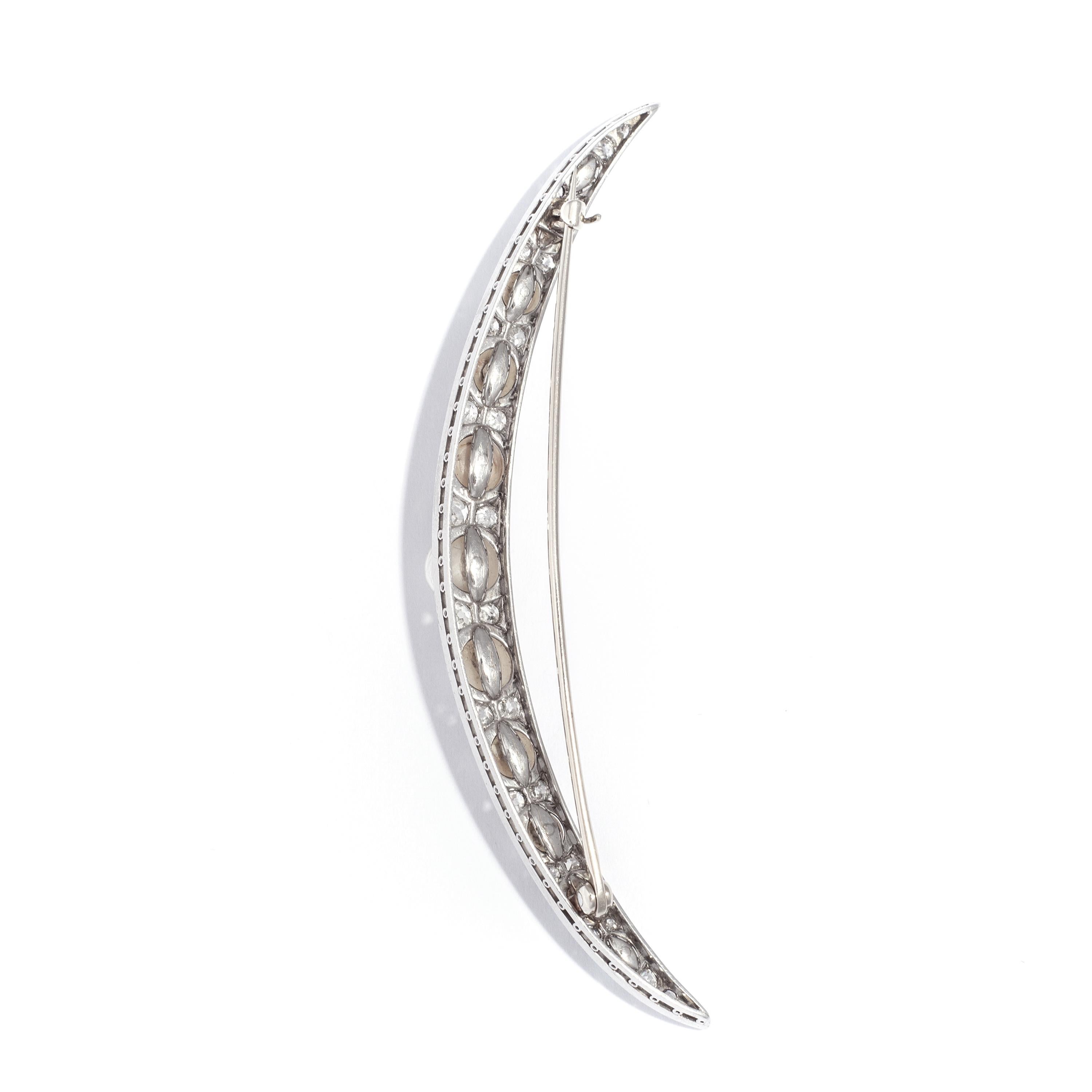 Old Mine Cut Crescent Pearl and Diamond Brooch