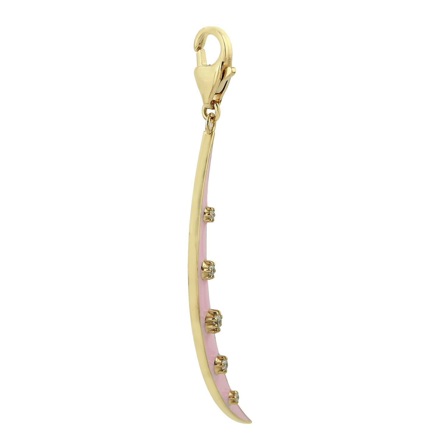 Modern Crescent Pink Enamel Moon Diamond 14k Gold Pendant Necklace For Sale