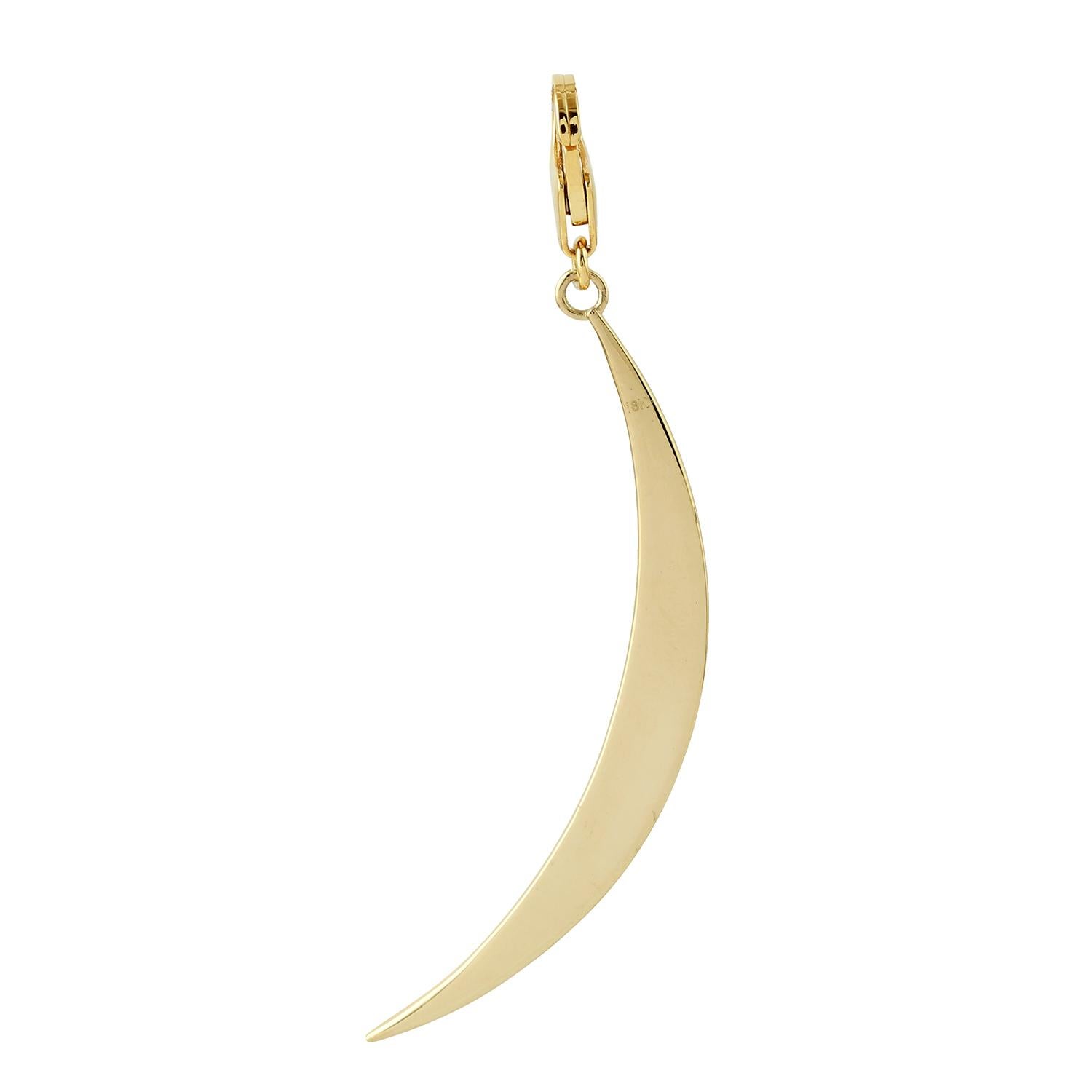 Mixed Cut Crescent Pink Enamel Moon Diamond 14k Gold Pendant Necklace For Sale