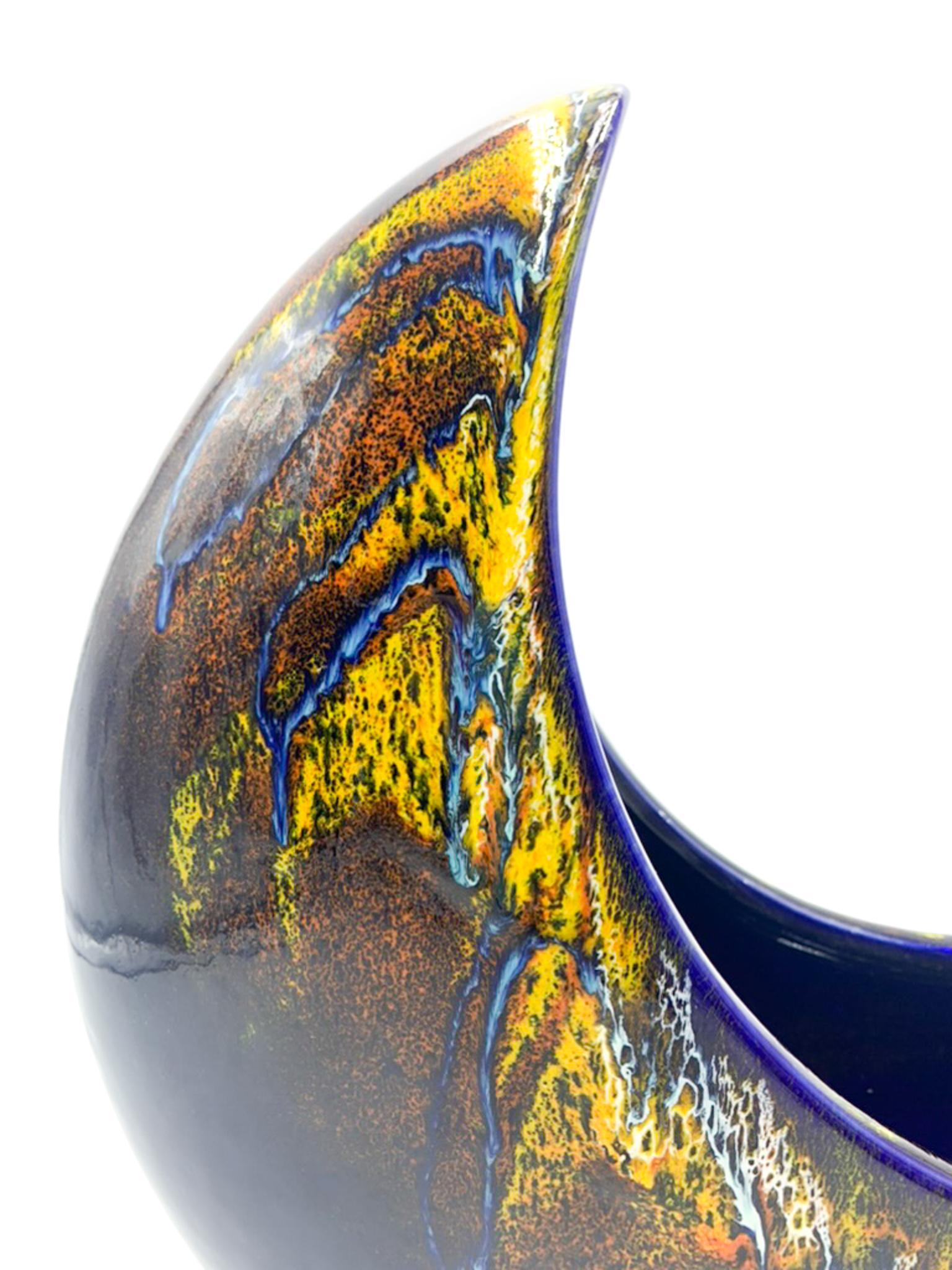 Italian Crescent-Shaped Hand Painted Vase by Roberto Rigon for Bertoncello, 1960s