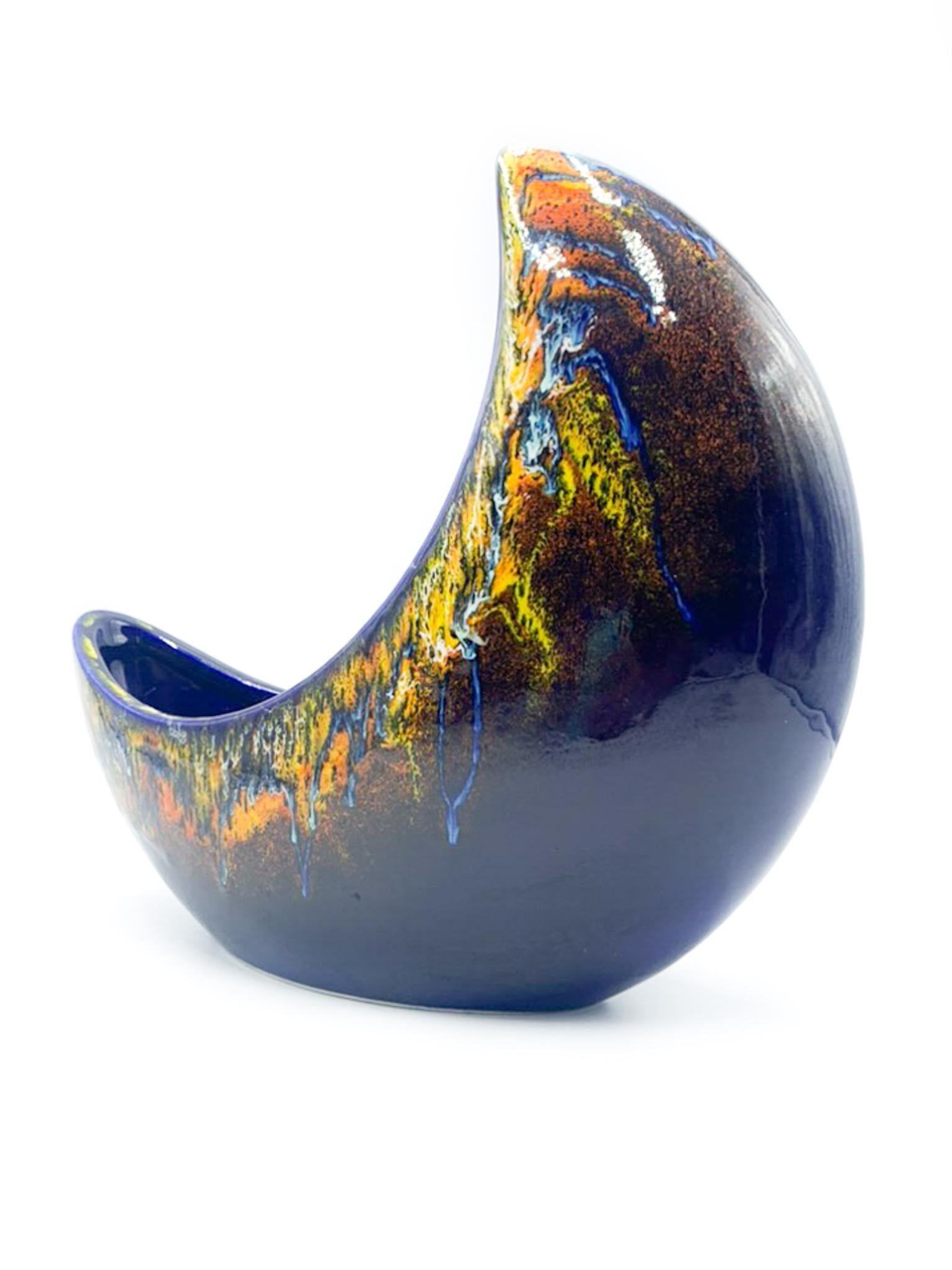 Ceramic Crescent-Shaped Hand Painted Vase by Roberto Rigon for Bertoncello, 1960s