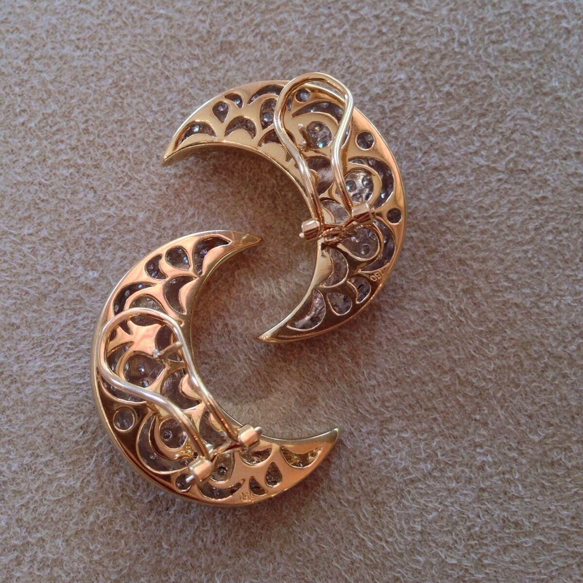 Women's Crescent Shaped Pavé Diamond Earrings in 18K Yellow Gold For Sale
