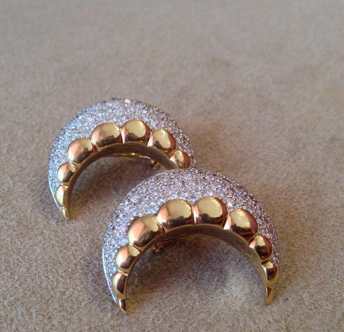 Crescent Shaped Pavé Diamond Earrings in 18K Yellow Gold For Sale 1