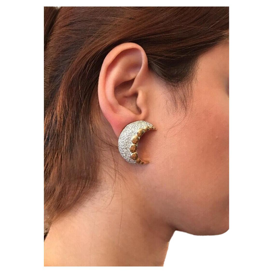 Crescent Shaped Pavé Diamond Earrings in 18K Yellow Gold For Sale