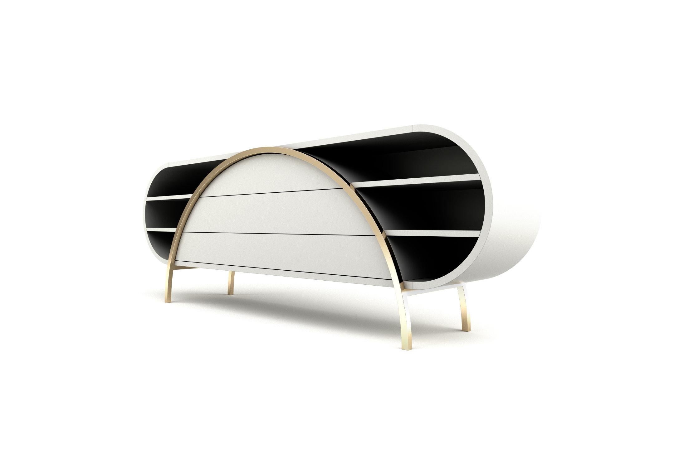 European Crescent Sideboard - Modern White Lacquered Sideboard with Brass Legs For Sale