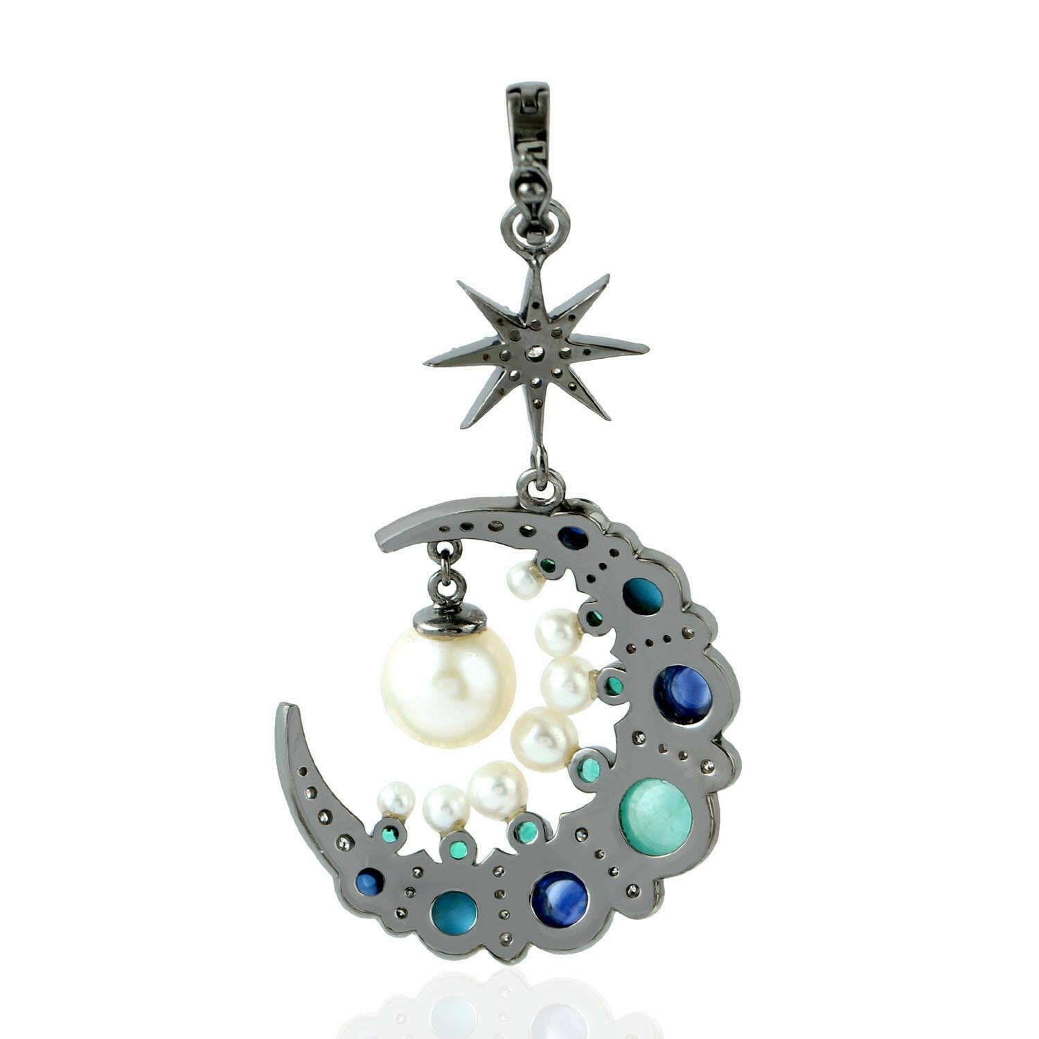 Art Deco Crescent Star Emerald Turquoise Diamond Pearl 14K Gold Pendant Necklace For Sale