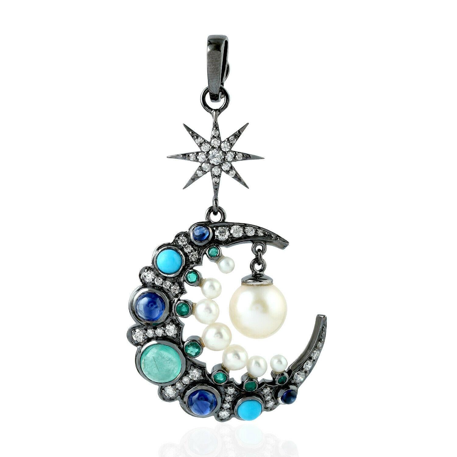 Mixed Cut Crescent Star Emerald Turquoise Diamond Pearl 14K Gold Pendant Necklace For Sale