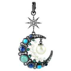 Crescent Star Emerald Turquoise Diamond Pearl 14K Gold Pendant Necklace