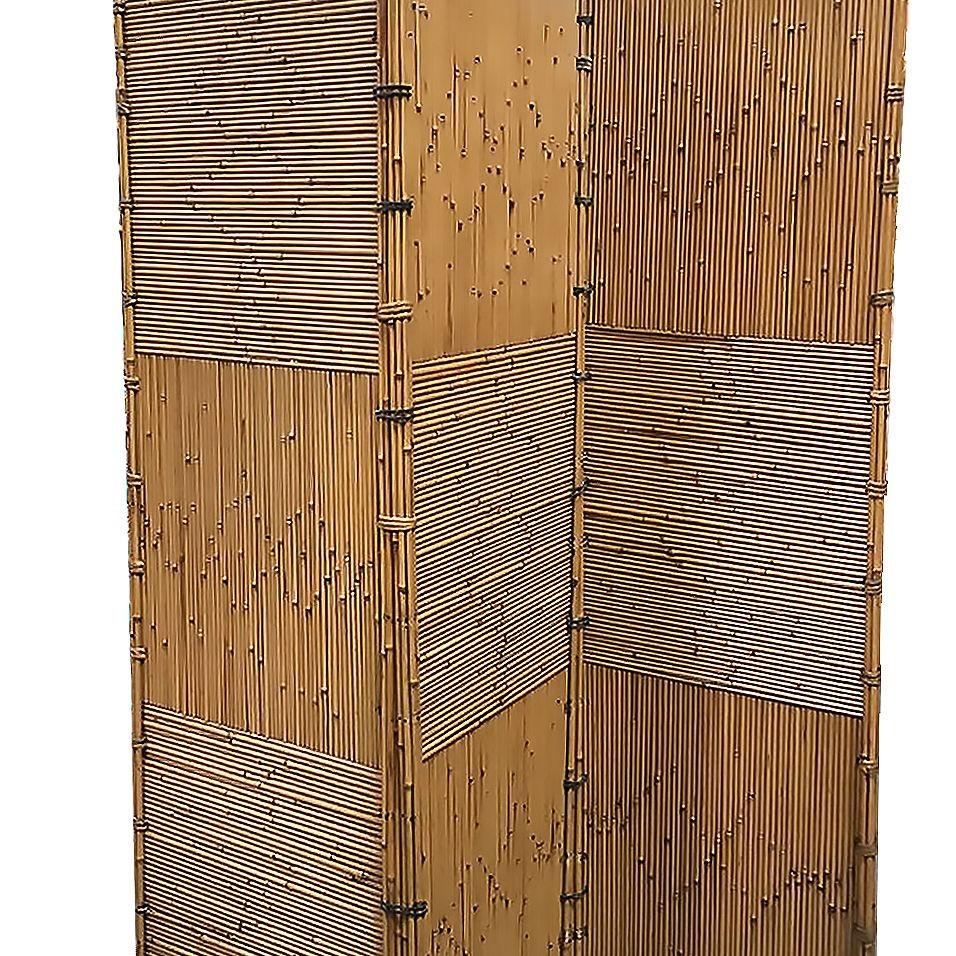 American Crespi Style 3 Panel Folding Screen, Stick Reed Rattan For Sale