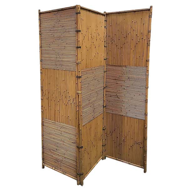 Crespi Style 3 Panel Folding Screen, Stick Reed Rattan For Sale at 1stDibs