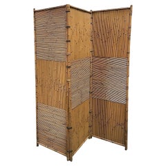 Used Crespi Style 3 Panel Folding Screen, Stick Reed Rattan