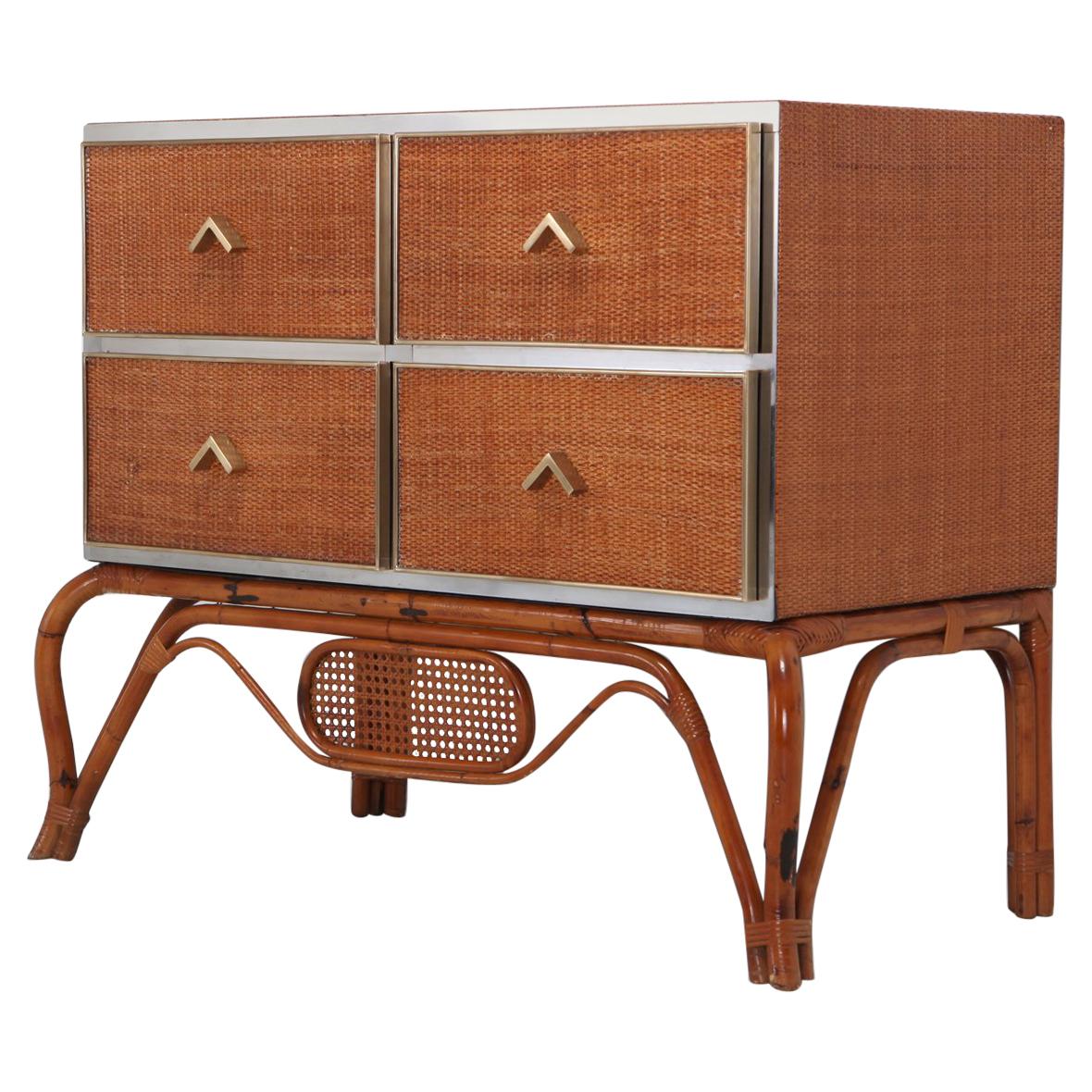 Hollywood Regency Crespi Style Drawer in Rattan, Bamboo, Brass and Chrome by Vivai del Sud