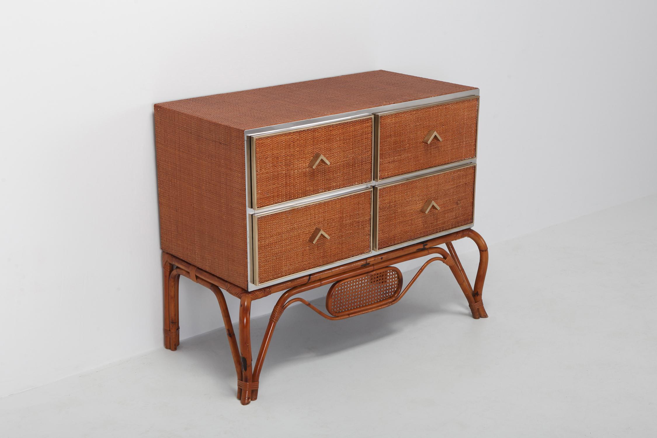 European Crespi Style Drawer in Rattan, Bamboo, Brass and Chrome by Vivai del Sud