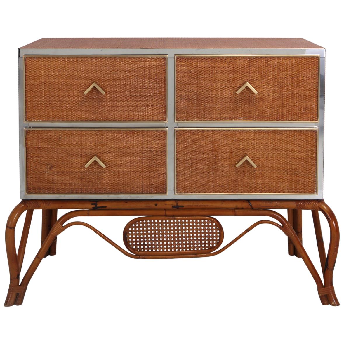 Crespi Style Drawer in Rattan, Bamboo, Brass and Chrome by Vivai del Sud