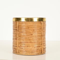 Italian Decorative Basket or Cachepot in Rattan and Brass, 1970s
