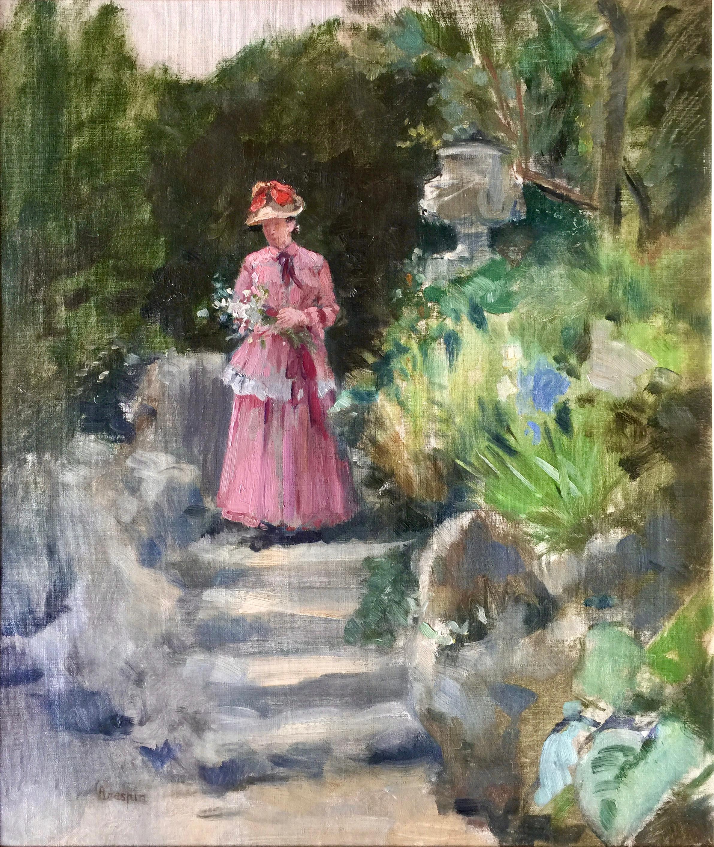 'Lady in the Garden' by Adolphe Crespin, Brussels 1859 – 1944, Belgian Painter - Painting by Crespin Adolphe