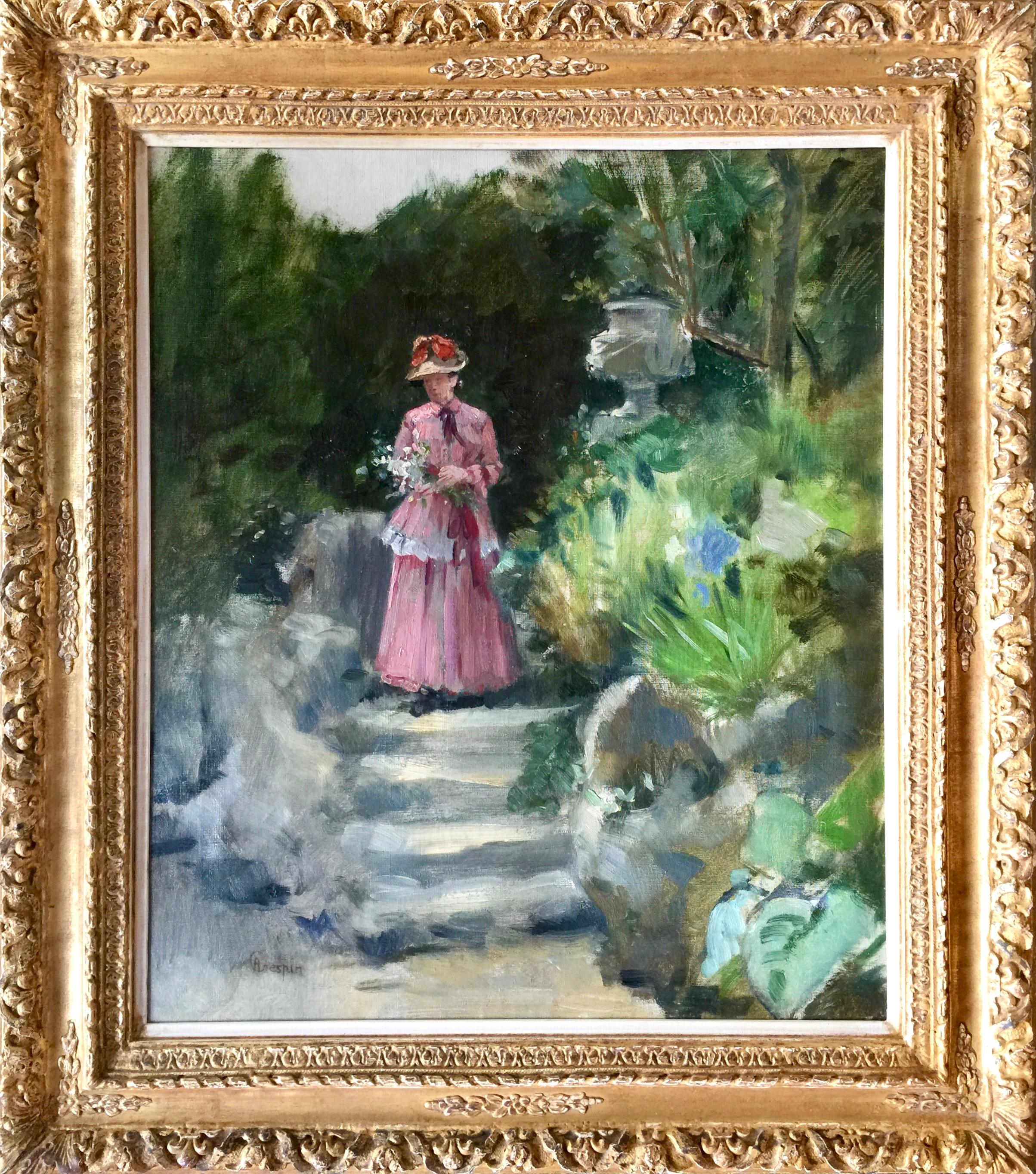 Crespin Adolphe Landscape Painting - 'Lady in the Garden' by Adolphe Crespin, Brussels 1859 – 1944, Belgian Painter