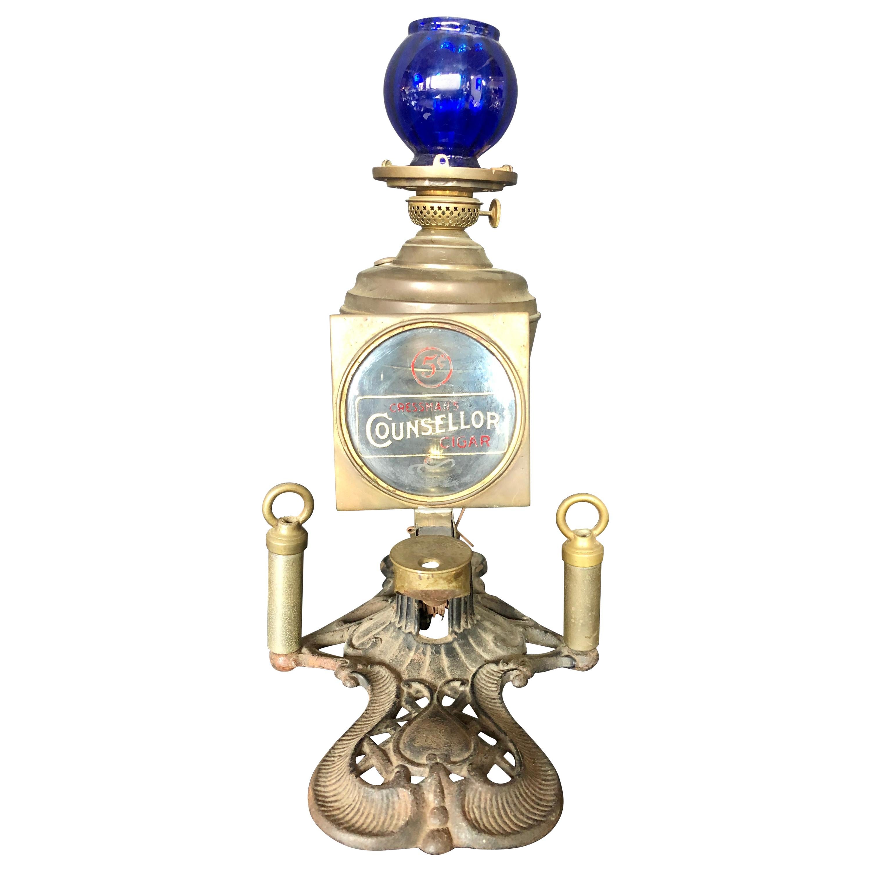 Cressman's Counsellor Cigar Lighter and Lamp with Blue Glass Globe