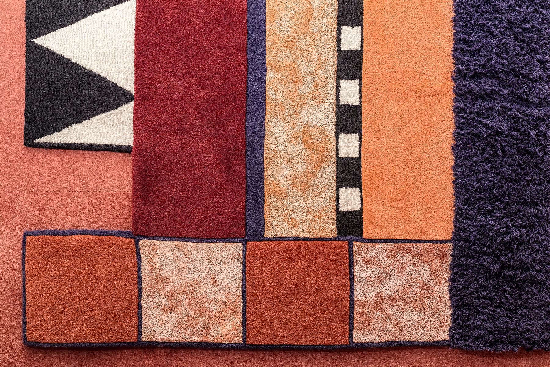 The Crest II track tapestry rug draws inspiration from the tracks run by athletes in ancient Olympic Games. Mixed neutrals and geometric patterns create a bold, edgy vibe. This rug is hand-tufted in India, made with wool, silk, and shag. Can be
