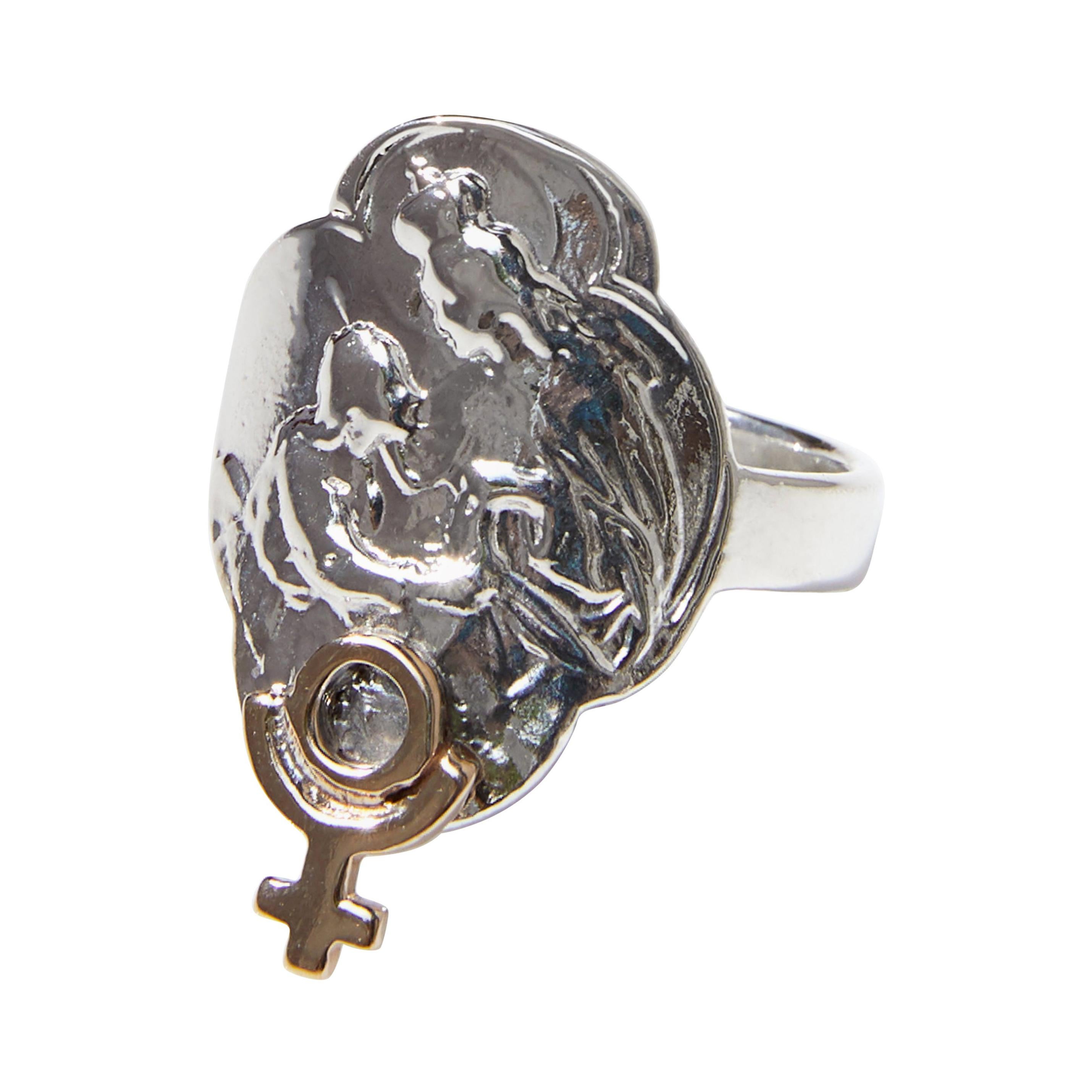 Astrology Pluto Ring Silver Virgin Mary  For Sale