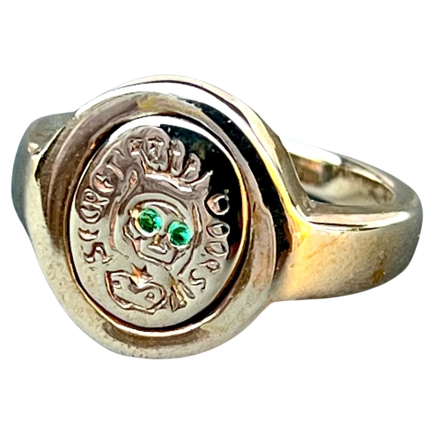 Victorian Crest Ring Signet Emerald Memento Mori Style Skull Bronze For Sale