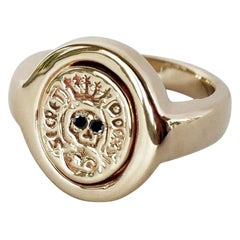 Crest Ring Signet Ring Black Diamond Gold Skull Memento Mori Style J Dauphin